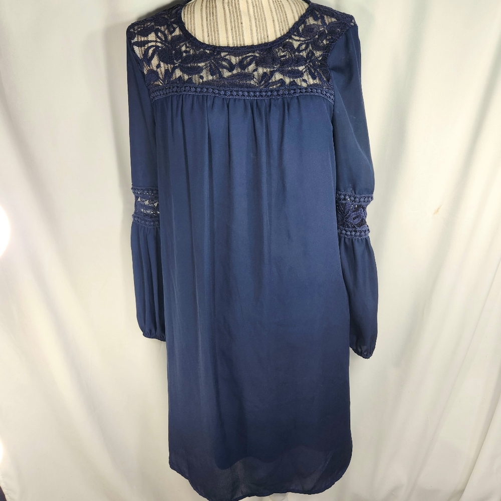 Luxology Navy Blue Lace Accents Keyhole Opening Long Sleeve BOHO Dress Size 8